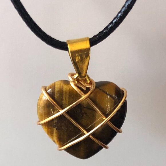 Tiger Eye Heart Natural Gemstone Gold Wire Winded Pendant Necklace - Picture 3 of 4